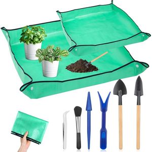 Plantenverpotmat voor tuin, 2 stuks, waterdichte bloemenmat, opvouwbare plantenmat, bloemenbak met 6 mini-tuingereedschapset voor plantenliefhebbers, tuinieren