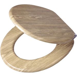 Toiletzitting hout toiletbril in natuurlijke houtlook met automatische sluiting, metalen bevestiging, 46,6 x 37,6 x 6 cm