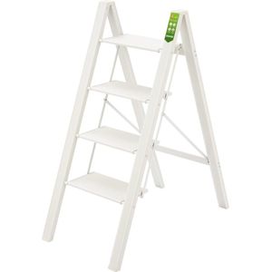 Ladder met vier treden, inklapbare opstapkruk met brede anti-slip voetstuk, draagbare lichte ladder van aluminium voor huis en kantoor, opstapkruk voor de keuken met 150 kg draagvermogen