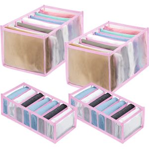 4 stuks kledingkast organizer, bevat 2 stuks grote jeansvakken opbergdoos en 2 stuks beha-organizer, kledingopslag van mesh voor ondergoed, sokken en jeans (roze)