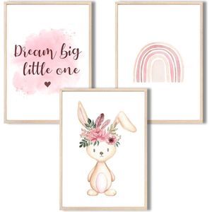 Afbeeldingen kinderkamer | set van 3 posters DIN A4 | wandafbeeldingen met spreuk | regenboog | decoratie kinderkamer meisjes | babykamer decoratie | premium muurposter (haas & regenboog)