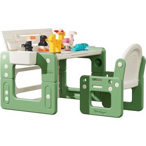 2-zijdige tekentafel en stoel voor kinderen, met bouwstenen, activiteitstafel voor peuters, in hoogte verstelbaar, multifunctionele kindermeubelset voor kleuters (groen)