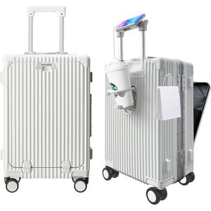 Airline Goedgekeurd handbagage met spinner-wielen, 20 inch koffer met aluminium frame, geïntegreerd TSA-slot, met USB-poort en beker, mobiele telefoonhouder reiskoffer, wit, Ontwerp met