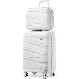 Koffertrolleys Bagagesets 2-delige kofferset met Beauty Case Polypropyleen koffer met harde schaal Reiskoffer met 4 wielen en TSA-slot, 55 cm handbagage + cosmetische koffer (crèmewit)