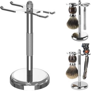 Scheermesborstelhouderstandaard, Deluxe scheerkwasthanger voor heren, roestvrijstalen scheermessetorganisator voor badkamerdouche (zilver)