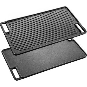 Grillplaat gietijzer, grillpan, dubbelzijdig bruikbaar, hoogwaardige braadplaat van gietijzer voor vlees en kleine grillstukken, voor gasgrill, kolengrill en elektrische grill, 45,5 x 26 cm