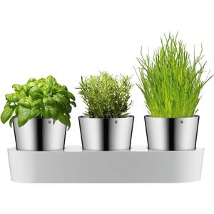 Gourmet kruidentuinset, 3 stuks, kruidenpot met irrigatiesysteem, roestvrij staal Cromargan, plastic, voor verse kruiden zoals basilicum, peterselie, mint, 36x 12,5x 12,5 cm, wit