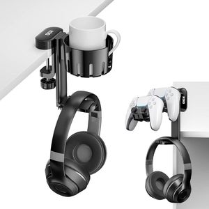 Koptelefoonhouder 360° draaibaar - 3 in 1 controllerhouder & verwisselbare bekerhouder, universele headsethoudertafel van ABS, controllerstandaard voor universele headset, controller, beker