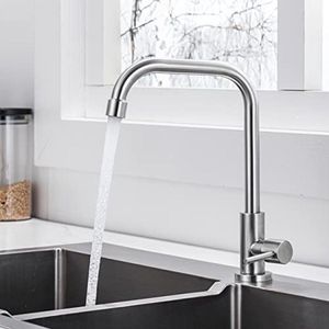 Koudwaterkraan voor de keuken, van roestvrij staal, kraan voor de keuken, koud water met 360 graden draaibaar, wastafelarmatuur alleen koud water, met aansluitslang en afneembare bubbler, mat