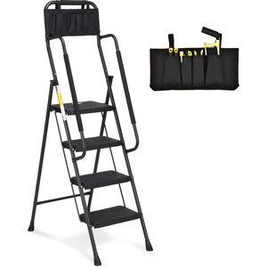 Ladder met 4 treden, trapladder met leuningen, inklapbare opstapkruk met insteekbare gereedschapstas en breed anti-slip pedaal, lichte 150 kg draagbare opstapkruk, zwart