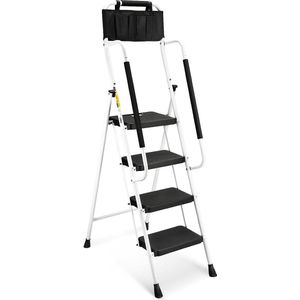 Ladder met 4 treden, trapladder met leuningen, inklapbare opstapkruk met insteekbare gereedschapstas en breed anti-slip pedaal, lichte 150 kg draagbare opstapkruk, wit