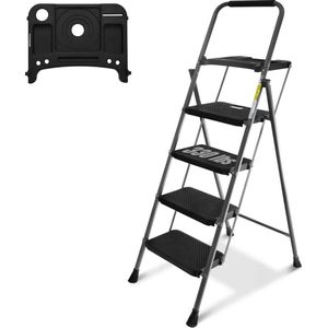 4-traps ladder, opvouwbare krukje met gereedschapsplatform, breed anti-slip pedaal, robuuste stalen ladder, comfortabele handgreep, lichte draagbare stalen kruk, 150 kg, grijs