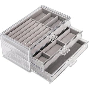 3 Lade Sieradendoos Acryl Fluwelen Sieraden Organizer voor Oorbellen Bangle Armband Ketting Ringen Dressoir Dressoir Cadeau voor Dames Meisjes (Transparant, Grijs)
