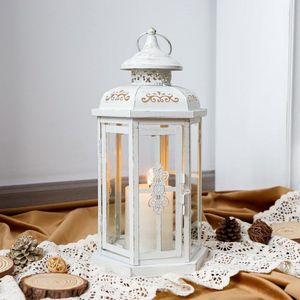 Decoratieve lantaarns, 30 cm hoog, buitenkaarslantaarns, vintage metalen kaarsenhouder voor binnen en buiten, pariteiten en bruiloften (wit met gouden borstel)