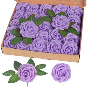 25 stuks kunstmatige roos schuim kunstbloemen met steel voor huisdecoratie bruidsboeketten feest certerpieces jubilea paars
