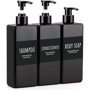 pompfles, 500 ml, pompdispenser, 3 stuks, lege shampoofles met etiketten, kunststof lotionhouder, zwart