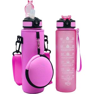 Tijdmarkering waterfles van 1 liter, met rietje en neopreen hoes, inclusief tas, BPA-vrij, PP-materiaal (roze)