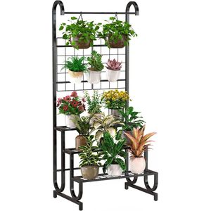 Plantenrek met hekwerk, 3 niveaus, bloemenrek, plantenstandaard van metaal, heavy duty, bloementrap voor binnen en buiten, zwart