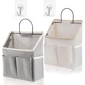 Set van 2 hangende tassen, hangende opbergtas, stoffen hangende tassenorganizer met 4 zakken, muurmandorganisator, hangende opbergmand met zelfklevende haken voor badkamer, keuken, slaapzaal (wit +
