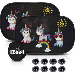 Zonwering auto baby met uv-bescherming, 2 stuks zonneklep kinderen met 8 zuignappen, schaduw autoraam zijruitmotief dieren (eenhoorn)