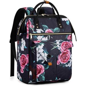 Rugzak dames schooltas met laptopvak & anti-diefstal tas, 15,6 inch laptoprugzak, blauwe bloemen, Rugzak