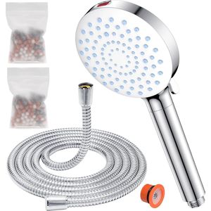 Douchekop met slang, 1,8 m, waterbesparende douchekop 8 l/min met sterke straal, douchekop met filter, diameter 120 mm, handdouche met 7 straalsoorten, wit/chroom