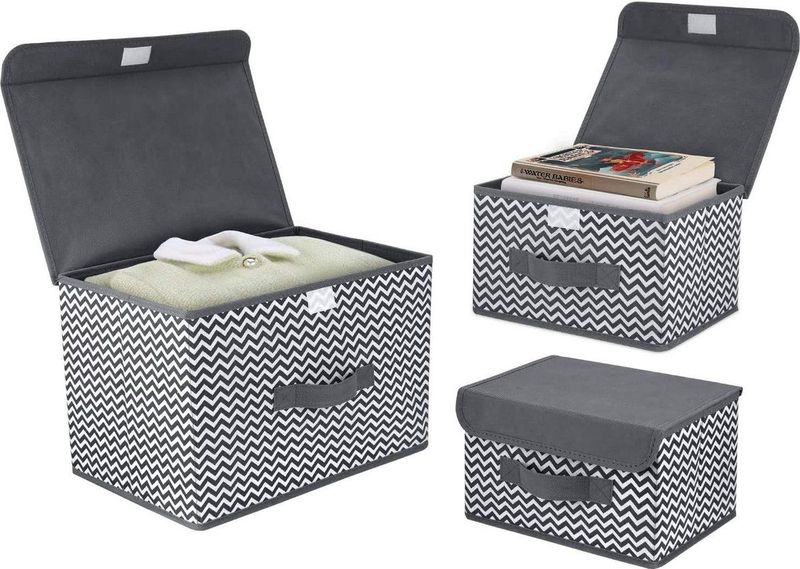 Set van 3 opbergdozen met deksels, opvouwbare opbergdoos met handvat, stoffen opbergmand, garderobesysteem, vouwdoos voor kleding, boeken, speelgoed enz. Donkergrijs