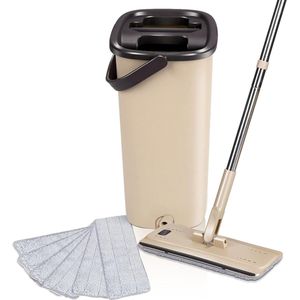 Dweilmop en posemmer set met mop met roestvrijstalen handgreep, tweekamer poetsset met vloerwisser voor nat en droog gebruik, 6 herbruikbare pads inbegrepen voor vloerreiniging