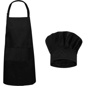 Schort koksmuts set, verstelbaar keukenschort met zakken en verstelbare elastische koksmuts voor mannen en vrouwen, zwart, zwart