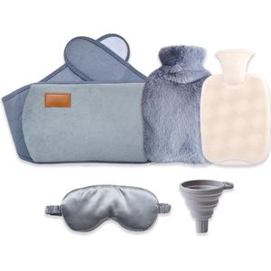 Warmwaterkruik, 1 liter, van rubber met tailleovertrek, 3-in-1 warmwaterkruik van rubber met fleece overtrek + oogmasker + trechter, voor benen, voeten, nek, schouders, tailleverwarming, pijnverlichting (grijs)
