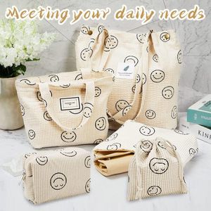 5 Stuks Corduroy Bag Set Select Zone Tas Reistas Toilettas Smile Face Cosmetische Tas Multifunctionele Handtas Make Up Bag voor Dames, beige, Retro