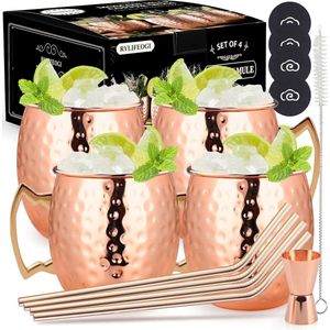 Moscow Mule Bekers, 4-delige set, koperen bekers met jigger rietjes, cadeau voor bar, feest, huisfeest