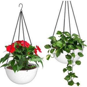 Hangende bloempot, hangende plantenbakken voor planten binnen en buiten, hangende plantenhouder, bloemenmanden met afvoergat voor balkon, terras, tuin (set van 2, wit)