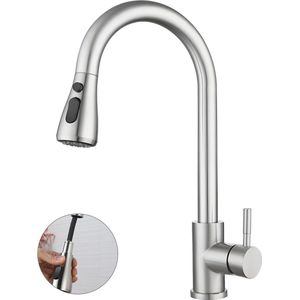 RVS wastafelkraan met 60 cm slang, keukenkraan met uitschuifbare douche, keukenkraanset, 360° keukengootsteenkraan, 2 standen, G3/8 aansluiting (zwart)