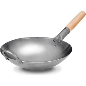 Traditionele handgehamerd koolstofstaal Pow Wok met hout- en stalen helper handvat (30,5 cm, ronde bodem) / 731W88-12in