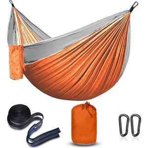 Hangmat, ultralicht, met touwafdekkingen, reishangmat, ademend nylon, parachutehangmatten voor outdoor, camping, tuin en strand, oranje/grijs