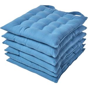 Set van 6 stoelkussens 40 x 40 cm, Himmelbau, zitkussens met strikbanden en knoopsluiting, effen kussens voor stoelen met hoes van 100% katoen en zachte polyester vulling, blauw