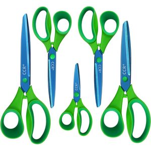 Multifunctionele scharenset, blauw titanium gecoat, scherpe roestvrijstalen messen, comfortabele handgrepen, geschikt voor zwaar werk op school, huishouden, kantoor, knutselen, naaien, kleermakerij, 5-delig
