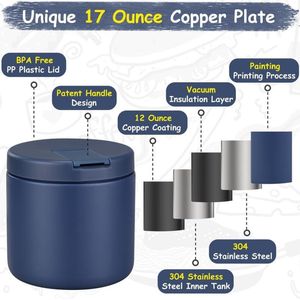 Thermocontainer voor eten, 500 ml, roestvrij staal, warmhoudcontainer met gespafdekking, brede hals, isolatie, geschikt voor warm eten en kinderen, lekvrije lunchcontainer, blauw