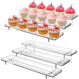 2-delige 3-laags acrylstandaard voor displays, 12 inch heldere displaystandaard Risers plank voor cupcakes parfums beeldjes, tafel cupcake standaard voor decoreren en organiseren (11,8 x 9,4 x 3 inch)