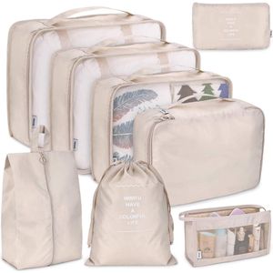 Packing Cubes, 8-delige set reiskubussen, opvouwbare bagage-opbergtas, lichtgewicht bagage-opbergtas (beige)