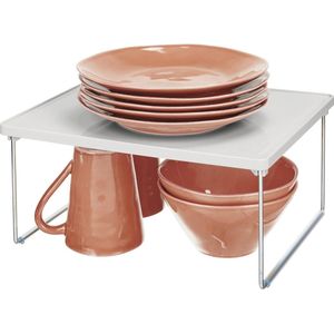 Keukenrek, bordenrek voor werkblad en keukenkast, stapelbare serviesplank van kunststof met inklapbare metalen poten, lichtgrijs