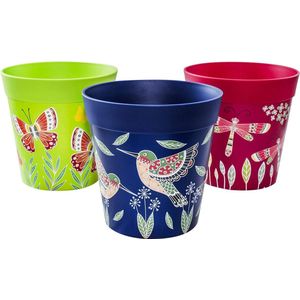 Flowerpots, 15 cm, set van 3, in verschillende kleuren en patronen, bloempotten van kunststof voor binnen en buiten, blauw, roze, groen