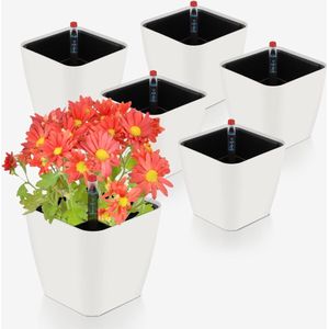 6 x zelfbewaterende pot met waterniveau-indicatoren, kruidenpot, zelfbewaterend, 13,7 x 13,5 cm, bloempot, waterreservoir met pot-in-potsysteem, bloempot voor luie, wit