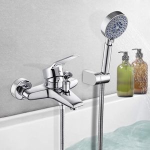 Badkuipkraan, chromen douchekraan, complete set, badarmatuur met handdouche, 5 modi, waterafgifte badkuip, armaturen, roestvrij staal, wandgemonteerde badkuip voor douche