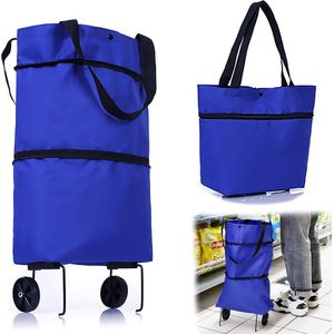 Opvouwbare trolleytas, boodschappentas met wieltjes, 2-in-1 opvouwbare winkelwagen voor thuis, supermarkt, duurzame tas, blauw