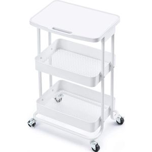 Opbergwagen met 3 niveaus en tafelblad, multifunctionele metalen trolley voor keuken, huis, kantoor, badkamer