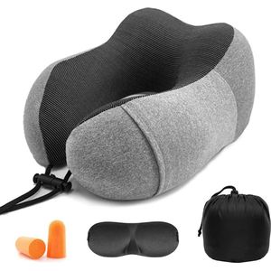 Nekkussenset met 3D slaapmasker en oordopjes - afneembare overtrek - traagschuim - ritssluiting - incl. opbergtas - reiskussen - kleur naar keuze (grijs)