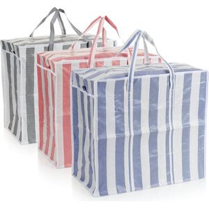 3 x boodschappentas jumbo, kunststof tassen, gestreept, XL boodschappentassen, strandtassen voor badkameraccessoires, boodschappentas om te winkelen (rood/blauw/antraciet)