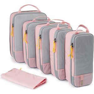 Kledingtassenset compressie kofferorganizer pakkubussen set met waszak, roze, kledingtas